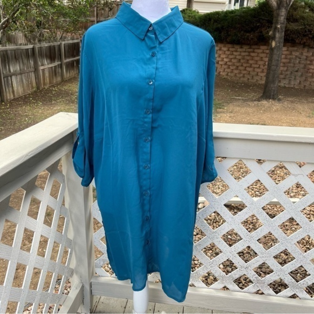 Ave Studio Shirt Women 20 Solid ButtonUp Lightweight Sheer Roll Tab Sleeve Green